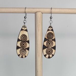 Boutique Handmade Wood Burned Teardrop Artsy Boho Earrings Wood Dangle Earrings